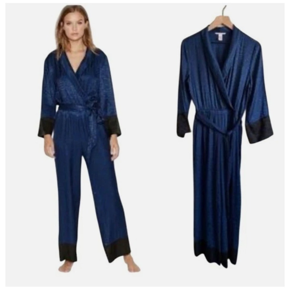 Victorias Secret Blue Zebra Jacquard Wrap Jumpsuit XS Romantic Lounge Tie Waist